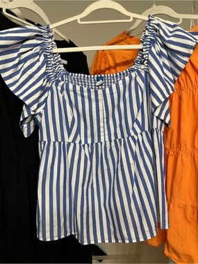 Old Navy Blue and White Striped Square Neck Peplum Top
